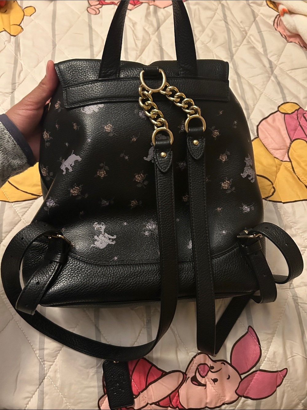 101 Dalmatian Coach Black Leather Backpack with Lavender & Floral Print - Picture 11 of 16